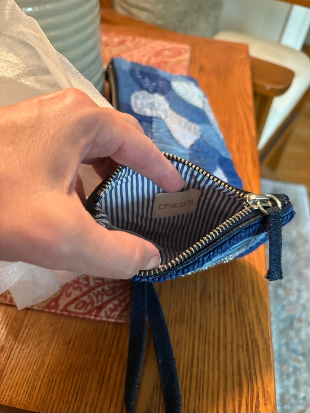 Chico's Patchwork Blue Woven Wristlet with Card Case